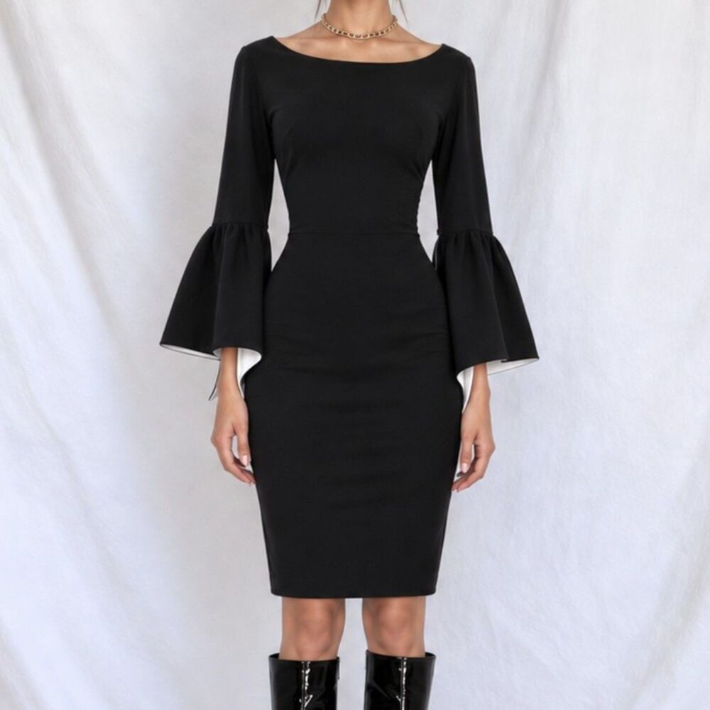 Vintage Y2K Calvin Klein Long Bell Sleeve Bodycon Sheath Cocktail Dress Size M/L